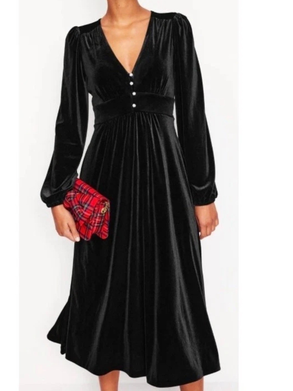 Boden Black Velvet V-Neck Long Sleeve Midi Dress